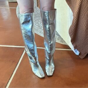 Silver Over the Knee Square Toe Wide Shaft Boots